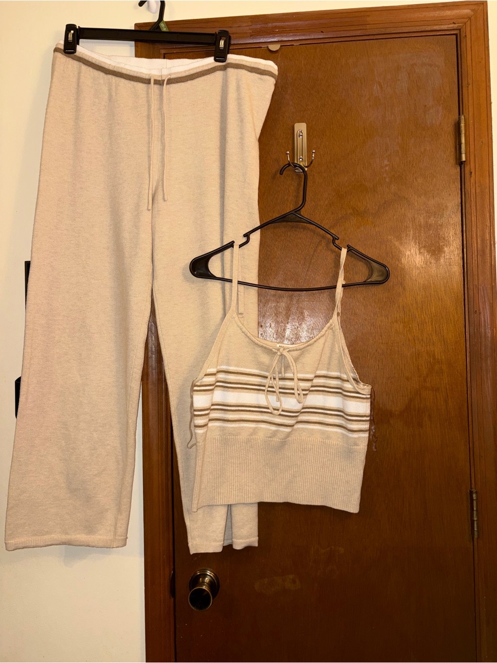No Boundaries Cream Striped Knit Top and Drawstring Pants Set